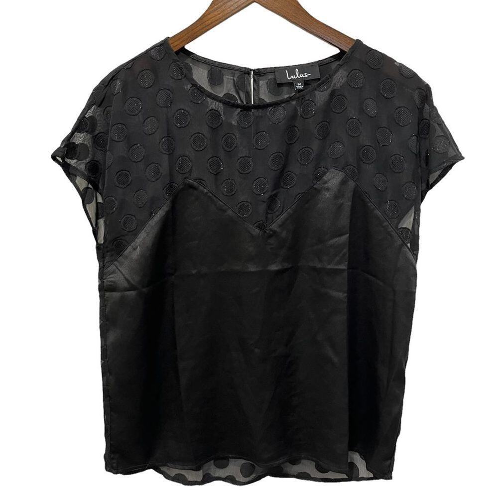 Lulus Women's M Portina Black‎ Satin Polka Dot Top Semi Sheer Evening Cocktail